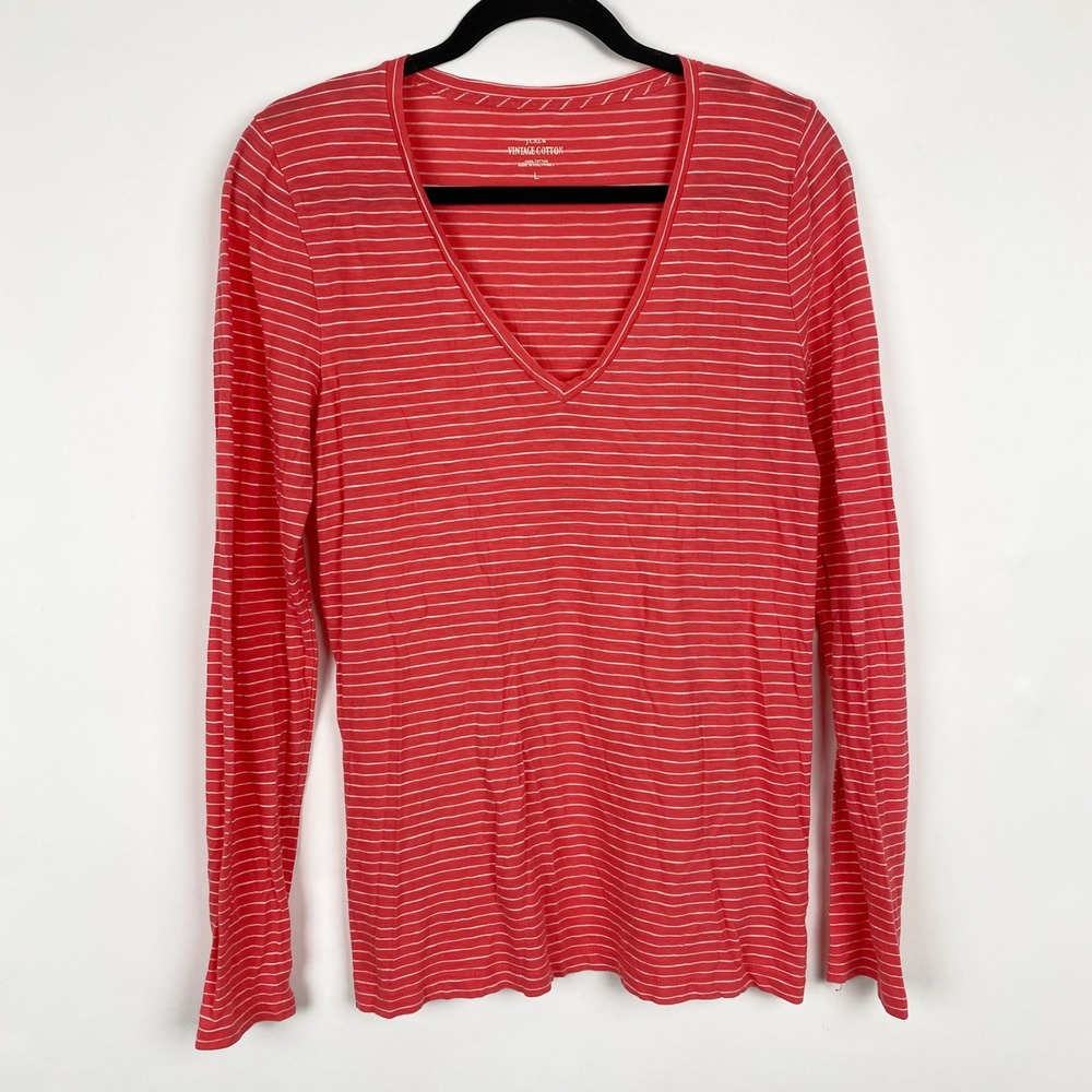 J.Crew Vintage Cotton Striped V-Neck Long Sleeve Tee Women Large Coral White